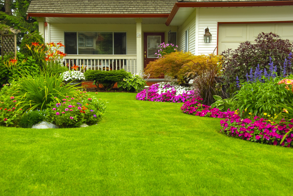 Manicured lawn and garden showing flowers and plants in full bloom.