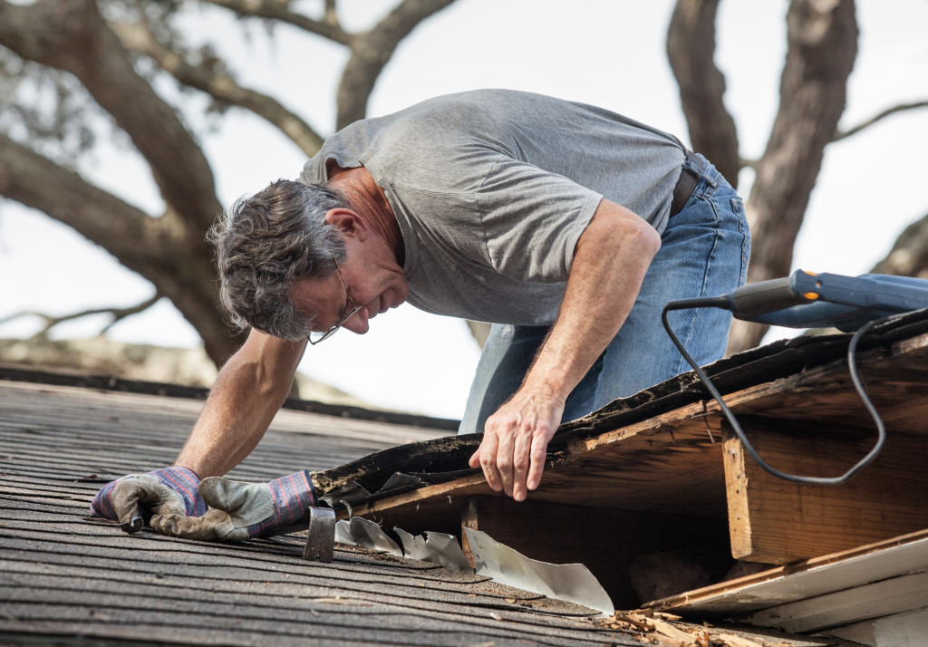 a man at the roof holding tools and checking for damages