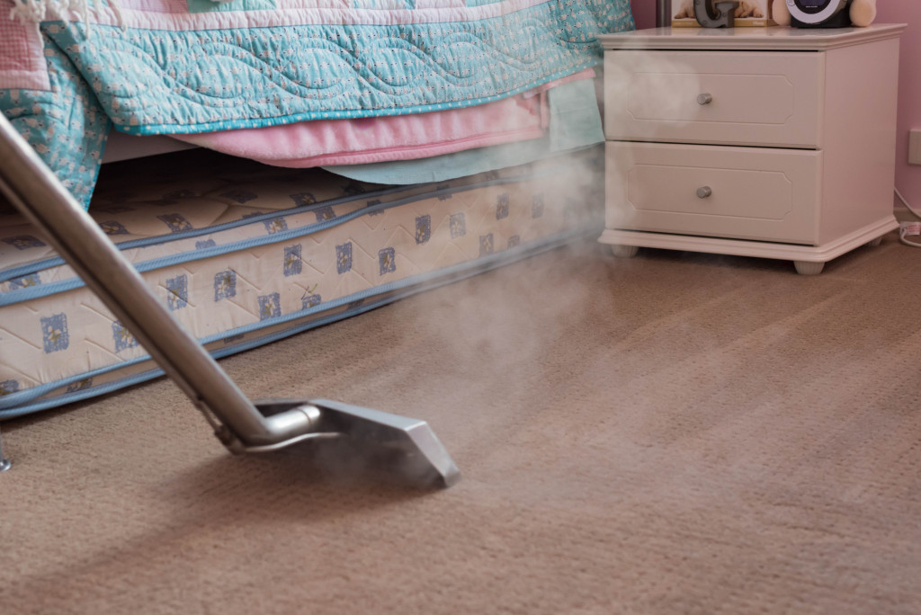 hand vacuuming carpet of home