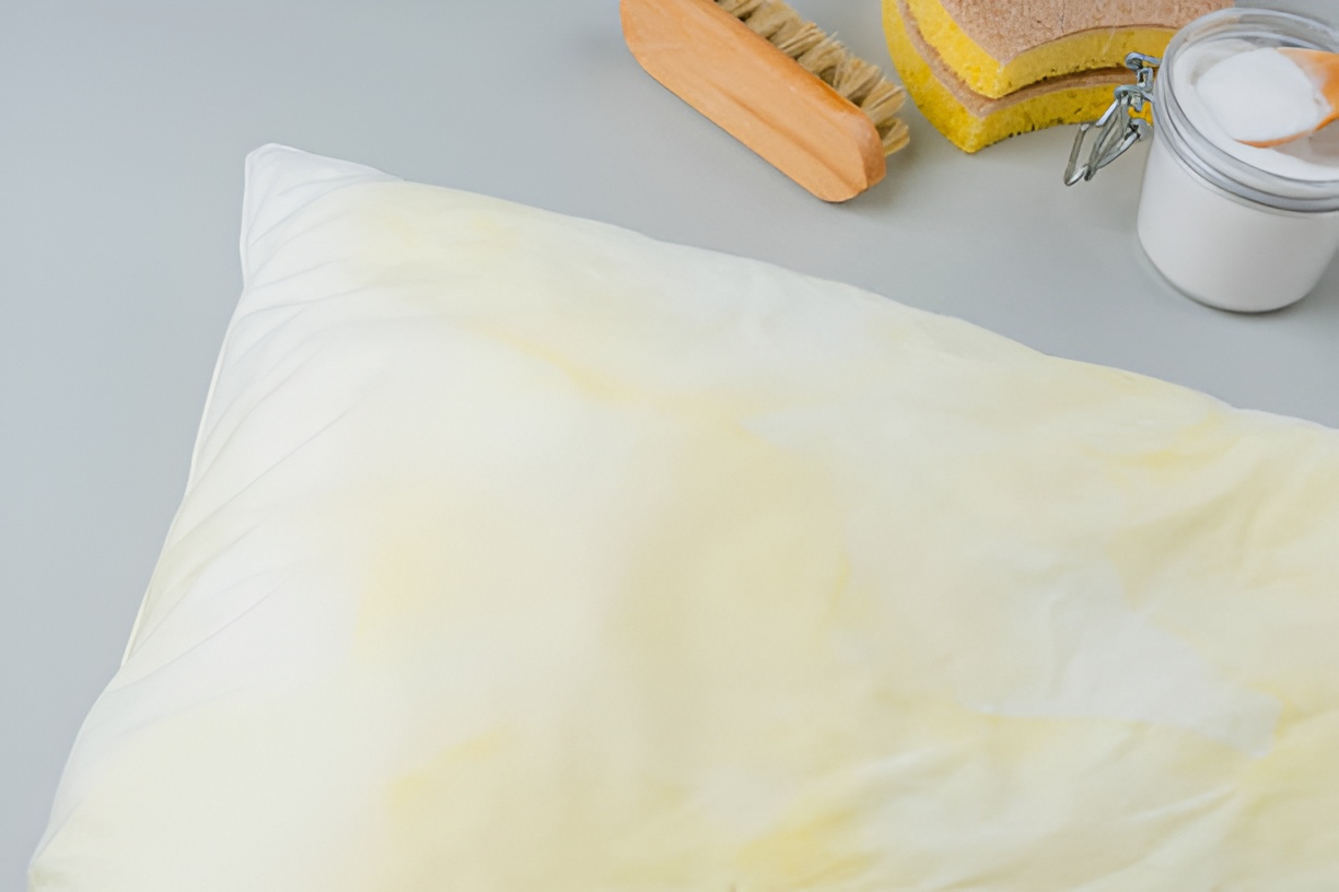 pillow with yellow stains, jar of baking soda, sponge, and brush